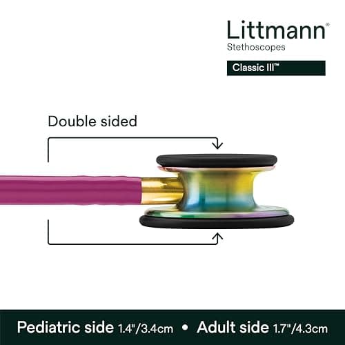 3M Littmann Classic III Monitoring Stethoscope, 5806, More Than 2X as Loud, Weighs Less, Stainless Steel Rainbow-Finish Chestpiece, 27" Raspberry Tube, Brass Stem and Headset thumbnail 3