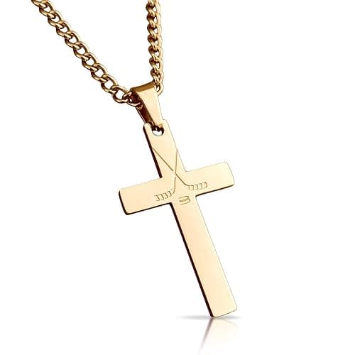 Elite Athletic Gear Hockey Cross Pendant With Chain Necklace - 14K Gold Plated Stainless Steel - Image 1