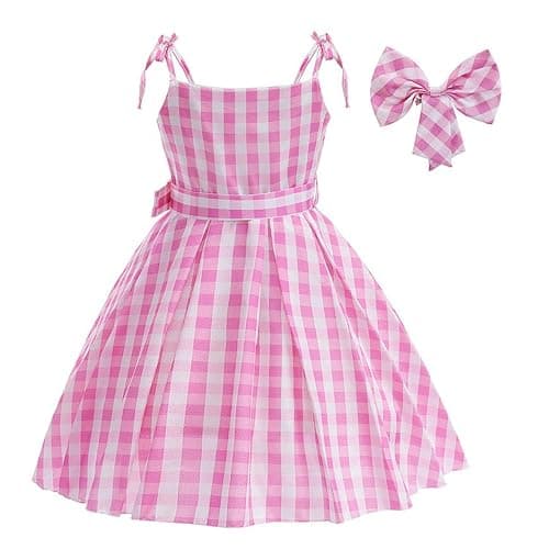Cotpoddy Robbie Clothes For Girls Pink Plaid Dress Movie Doll Costume Pink Robbie Outfit for Kids Halloween Carnival Dress Up - Pink - 11-12 Years thumbnail 2