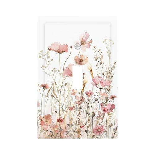 Boho Floral Watercolor Pink Wildflower Butterfly Decorative Light Switch Cover 1 Gang Single Toggle Device Electrical Faceplate Switchplates Decorator Outlet Wall Plate for Bedroom Living Room Decor - Image 1