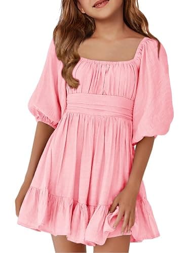 Girls Summer Dresses Square Neck Lantern Sleeve Tie Backless Ruffle A-Line Party Mini Dress - Image 1