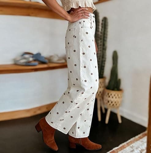 XBTCLXEBCO Polka Dot Jeans Women Y2K Print High Waisted Wide Leg Denim Pants Vintage Stretchy Boyfriend Jeans 90s Streetwear thumbnail 2