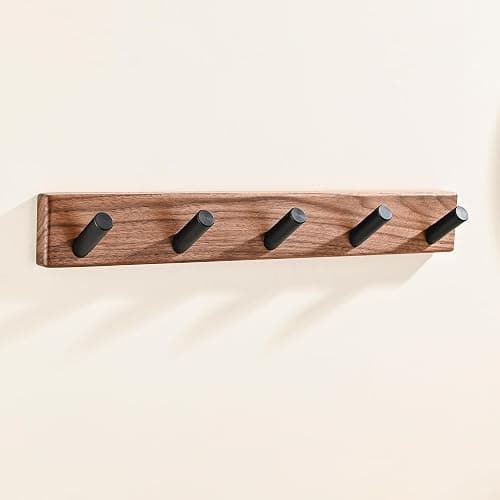 LECHYN 17.3" Small Wooden Coat Rack Wall Mounted with 5 Pegs Hooks, Entryway Wall Hooks Coat Hanger for Hanging Towel Jacket Clothes Hat Backpack Shoe Purse Key Holder Hook Rail by Black Walnut Wood - Image 1