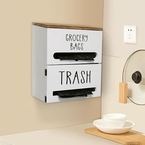 Liuceny 2 in 1 Trash Bag Dispenser, Double Wall Mounted,Wood Trash Bag Holder, used in kitchen, garage, laundry room, can store Environmentally friendly food bags and garbage bags (White) thumbnail 2
