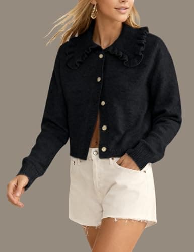 InterNos Womens Y2k Ruffled Collar Cardigan Sweaters Classic Button Down Long Sleeves Fall Sweater Crop Tops thumbnail 4