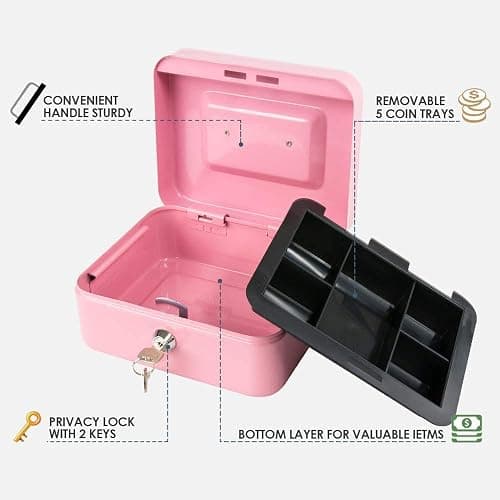 xydled Locking Steel Medium Cash Box with Removable Coin Tray and Key Lock,7.87"x 6.30"x 3.54",Pink thumbnail 5