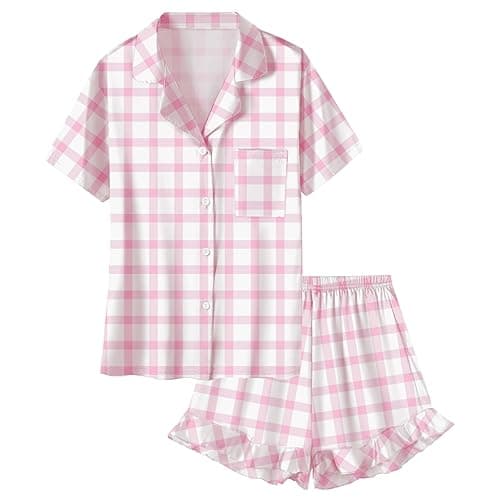 Umeyda Girls & Women Satin Pajamas Set Button Down 2 Piece Silk Pjs Shorts Set Ruffle Sleepwear, 5 Years-Women L - Baby Pink Grid - 9-10 Years