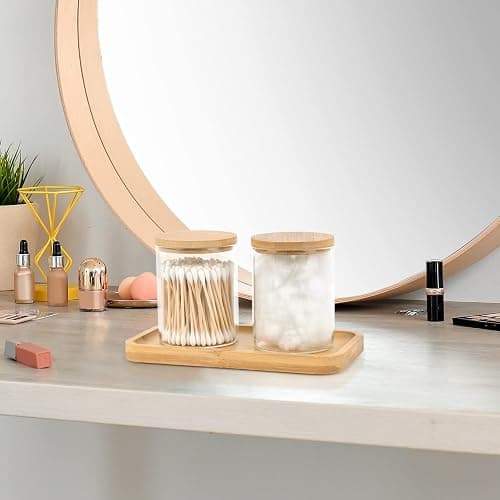 BKYFPQ Bamboo Vanity Tray, Bathroom Tray Organizer Glass Qtip Holder Dispenser Apothecary Jars for Cotton Swabs Balls, Round Pad, Perfume Candles, Cosmetics and Jewelry Storage Organizer thumbnail 5
