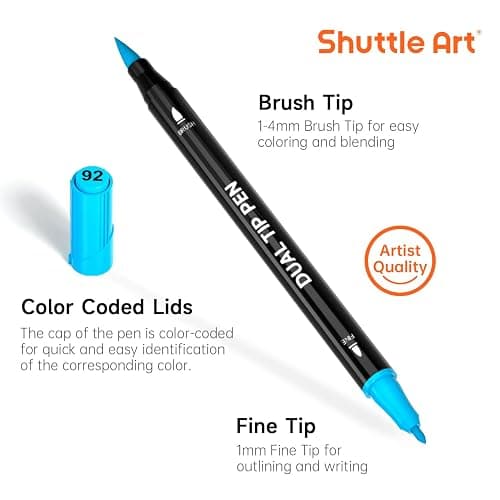 Shuttle Art Dual Tip Brush Pens, 96 Colours Fine and Brush Tip Markers Set with Pen Holder & 1 Colouring Book, Felt Tip Colouring Pens for Adults and Children Colouring Calligraphy Journal Doodling thumbnail 4