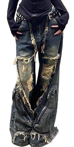 Y2k Retro Niche Baggy deconstruction Tassel Ripped Jeans Men's and Women's Large Pocket Design Sense Work Pants - Image 1