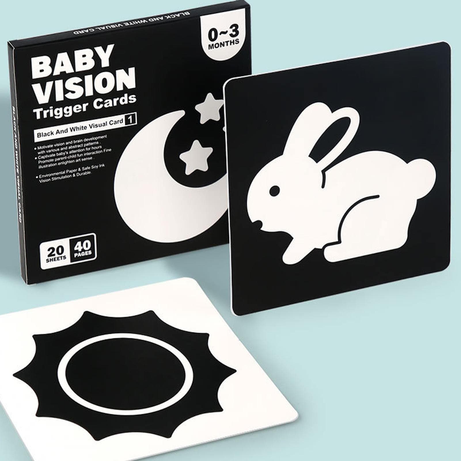 Tarjetas de estimulación visual, 20 tarjetas educativas para bebés en blanco y , estimulación visual, contraste, tarjetas de desarrollo sensorial para bebés recién nacidos de 0 a 3 meses - Image 1