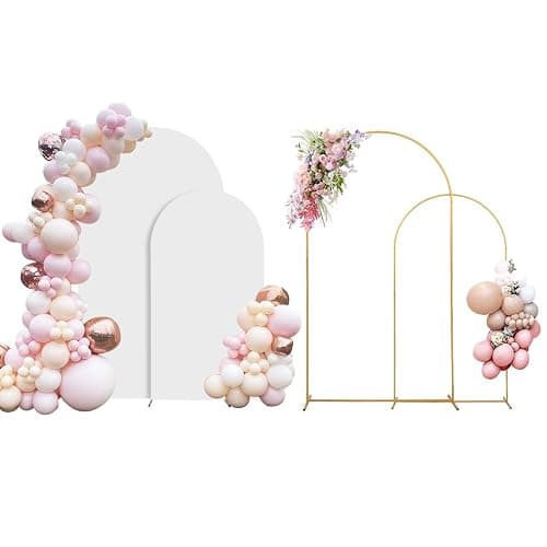 SuuWoee Wedding Arch Backdrop Stand Set of 2 With White Cover (7.2FT+6FT) | Metal Arch Balloon Stand,Gold Arched For Birthday,Party,Baby Shower,Anniversary,Event Decor,Easy To Assemble,Sturdy,Durable - Image 1