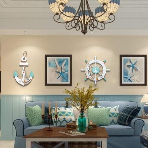 Meching 2 Pack 11" Nautical Beach Wooden Ship Wheel and 13" Wood Anchor with Rope Nautical Boat Steering Wheel Rudder Anchor Wall Decor Door Hanging Ornament Beach Theme Home Decoration(White&Green) thumbnail 7