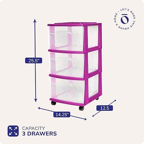 HOMZ Drawer Tower, 3-Tier Clear Plastic Storage Organizer Cart, Purple Frame - Rolling Drawer Containers with Wheels for Bathroom, Bedroom, Office, and Classroom Organization - Purple - 1 Pack thumbnail 3