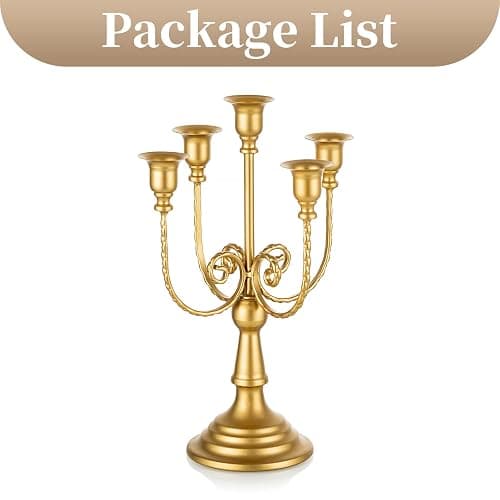 Sziqiqi Gold Candelabra Candle Holders for Wedding Christmas, 5 Arms | 11.6in Tall, Easy Assembly, Vintage Metal Candlestick Holder for Wedding Table Centerpiece, Party Dining Table, Mantel Decor thumbnail 6