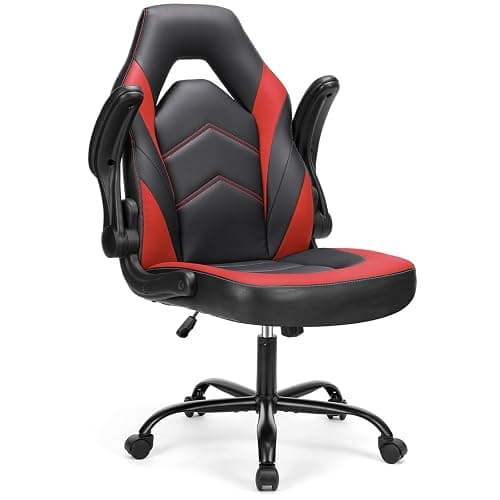 Sweetcrispy Computer Gaming Desk Chair - Ergonomic Office Executive Adjustable Swivel Task PU Leather Racing Chair with Flip-up Armrest for Adults, Kids, Men, Girls, Gamer, Black Red - Image 1