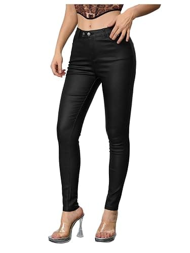 MakeMeChic Women's Faux Leather Stretch Skinny Pants High Waisted Double Button Leggings Club Party Pants - Image 1