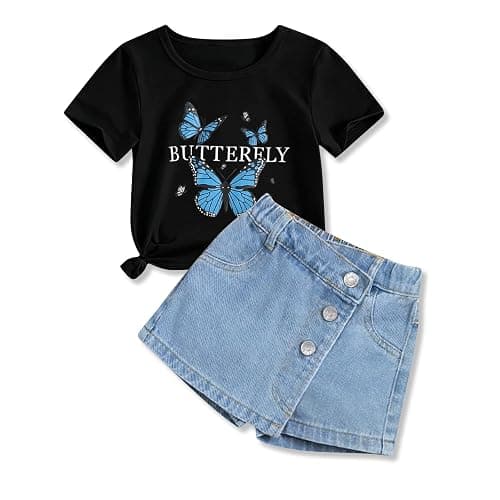 Voxikodex Girls Clothes 2PCS Butterfly Print Short Sleeve T-Shirt Denim Skirt Shorts Set Teen Tween Girls Summer Outfits Set - Image 1