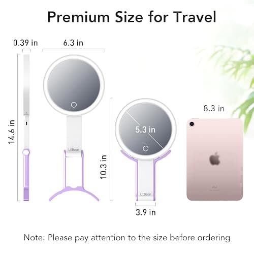 LitBear Travel Makeup Mirror with Light, Rechargeable Double-Sided 10X/1X Magnifying Mirror, Portable Lighted Beauty Mirror, 3 Color Lighting, Dimmable Touch Screen, Tabletop Handhold Hanging (Purple) thumbnail 7