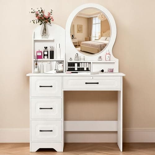 Générique Coiffeuse avec Miroir LED, Coiffeuse avec Étagères de Rangement et 4 Tiroirs, Coiffeuses Petite (Blanc) - Image 1