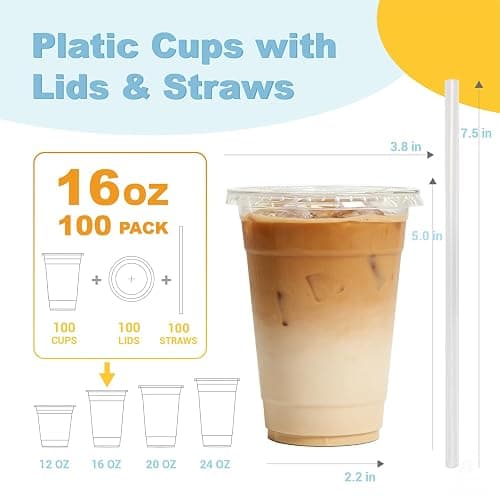 Coolcap 16 oz 100 Pack Disposable Clear Plastic Cups with Lids and Straws, Food Safe Bulk Iced Coffee Cups for Smoothies, Milkshakes and Other Cold Drinks thumbnail 2