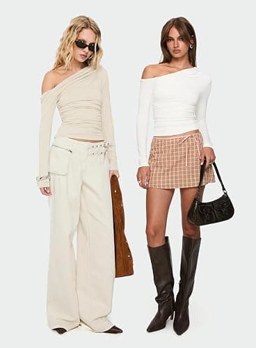 Darong Women's Casual Long Sleeve Boat Neck Off Shoulder Slim Fit Crop Top Going Out Blouses Y2K Tight Shirts thumbnail 5