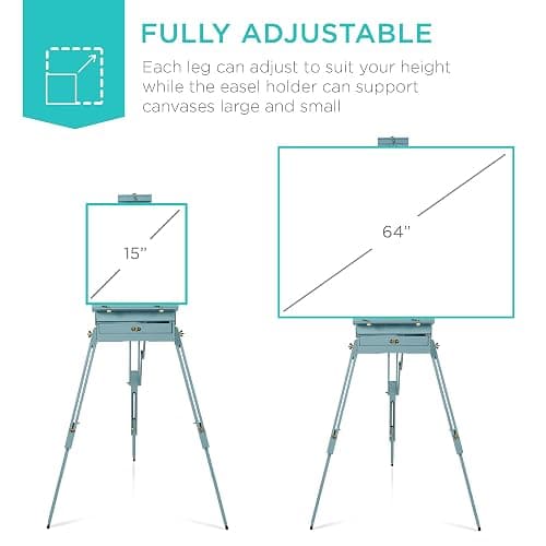 Best Choice Products French Easel, 32pc Beginners Kit Portable Wooden Folding Adjustable Sketch Box Artist Tripod for Painting, Drawing w/Acrylic Paints, Brushes, Canvases, Palettes - Blue thumbnail 4