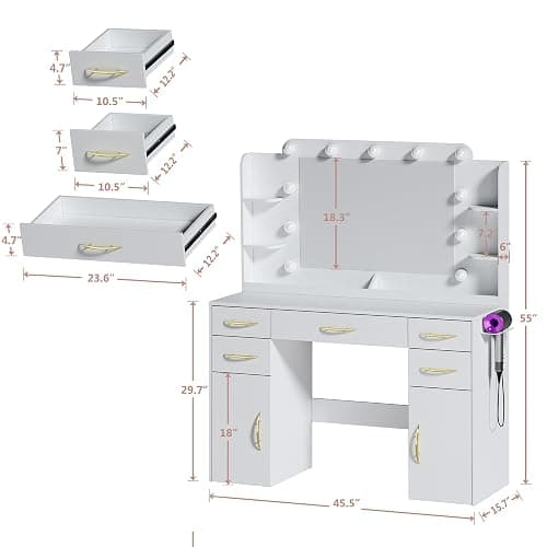 ALEXNUTRE 45.5" Vanity Desk with Mirror and Lights, Makeup Vanity with Lights 3 Models Settings & Power Outlet, Vanity Desk with 5 Drawers, 2 Cabinets, Shelves, Makeup Vanity for Bedroom, White thumbnail 2