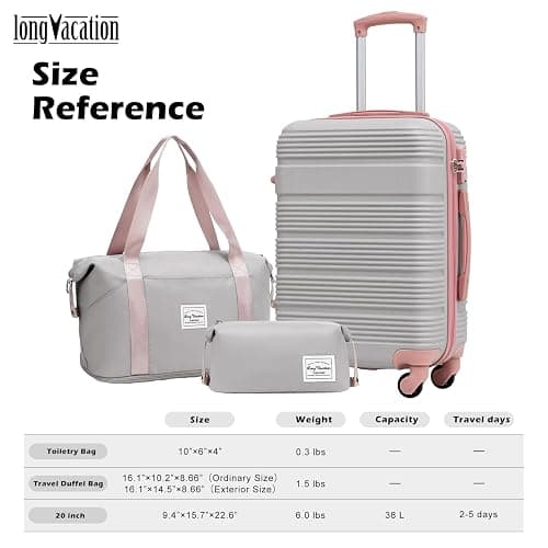 LONG VACATION Luggage Sets with Spinner Wheels, Carry on Suitcase 3 Piece | Tsa Approved Carry On Luggage,ABS+PC Hardshell,YKK Zipper,Lightweight,20 In Luggage for Travel Business,Grey-Pink (20/DB/TB) thumbnail 7