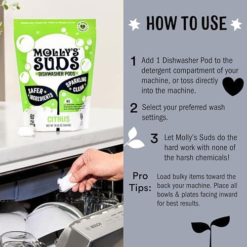 Molly's Suds Dishwasher Pods | Clean Dishwasher Detergent, Cuts Grease & Rinses Clean (Residue-Free) for Sparkling Dishes | 60 Auto-Release Tabs (Unscented) thumbnail 5