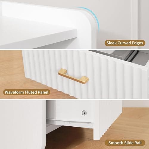 Curlaky Night Stand with Charger Station, Fluted Wood Nightstand with Drawer Storage, Modern Bedside Table, Wide Nightstands for Bedroom, Mid Century Wooden Night Stands for Home Office Sofa Couch thumbnail 6