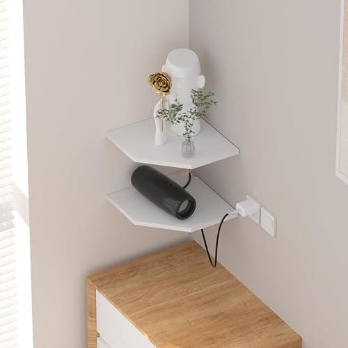 JJL Corner Shelf, 12 Inch Shelves with Wire Holes, 2 Tier 13.3 Inch Deep Wooden Corner Shelves for Wall Storage, for Speaker, Cable Box, White thumbnail 2
