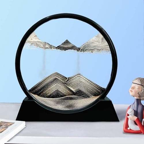 Aoderun Moving Sand Art Picture Round Glass 3D Deep Sea Sandscape in Motion Display Flowing Sand Frame Relaxing Desktop Home Office Work Decor (7", Black) thumbnail 2