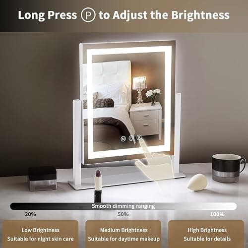 LED Vanity Mirror with Lights, Makeup Mirror with 3 Color Modes, Smart Touch Control, 360° Rotation for Desk,13.2" L x 11.2" W thumbnail 4