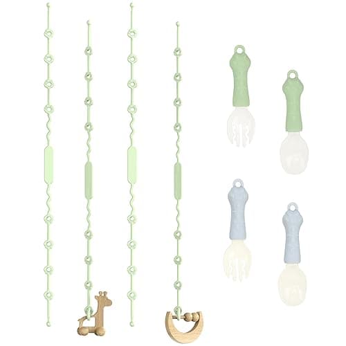 VIOTIIN Toy Safety Straps, Silicone Adjustable Baby Pacifier Teether Straps, 4pcs Toddler Fork and Spoon & 4pcs Toddler Toy Bottle Harness Straps for Strollers, High Chair, BPA Free