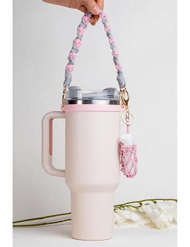 CH.yishi Handmade Stanley Cup Accessories Set Water Bottle Handle Strap, Stanley Charms for Stanley Cup 40oz & 30oz Tumbler Handle of the handbag (Gray and pink) - Gray and pink thumbnail 2