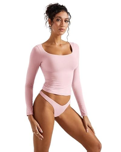 SUUKSESS Women Double Lined Fitted Basic T Shirts Scoop Neck Long Sleeve Crop Top thumbnail 7