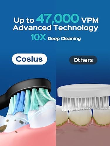 COSLUS Sonic Electric Toothbrush for Adults: 47000 VPM for Deep Cleaning & Whitening with Travel Case - 5 Modes for Sensitive Teeth & Braces, Wireless Charging, 6 Brush Heads for Home Family, Black thumbnail 2