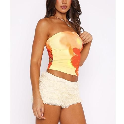 Tube Top Women Sleeveless Backless Strapless Bandeau Teen Girl Y2k Cute Floral Graphic Going Out Crop Shirt thumbnail 2