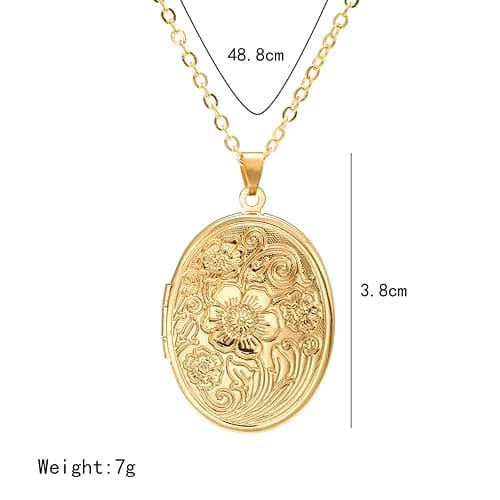 Vintage Engraved Flower Empaistic Photo Locket Hold Picture Oval Round Pendant Necklace Antique Carved Pattern Souvenir Memorial Clavicle Jewelry for Women thumbnail 2