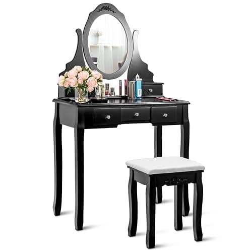 Giantex Vanity Set with Oval Mirror & Cushioned Stool, Makeup Dressing Table Large Storage with 5 Drawers, Mirrored Bedroom Vanities Makeup Table for Kids Girls Women, Easy Assembly (Black) - Image 1