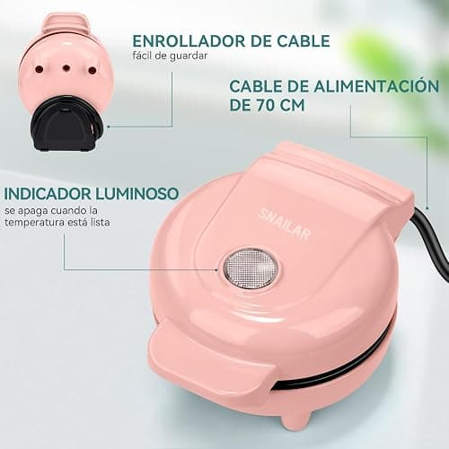 SNAILAR Mini Waffle Maker, 550W Waffle Iron, Ready Indicator Light, Non Stick Coating, Cool Touch Handle, Compact Size, Pink thumbnail 6