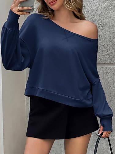 Fisoew Womens Off The Shoulder Crop Tops Casual Long Sleeve Oversized Fall Pullover Sweatshirts thumbnail 3