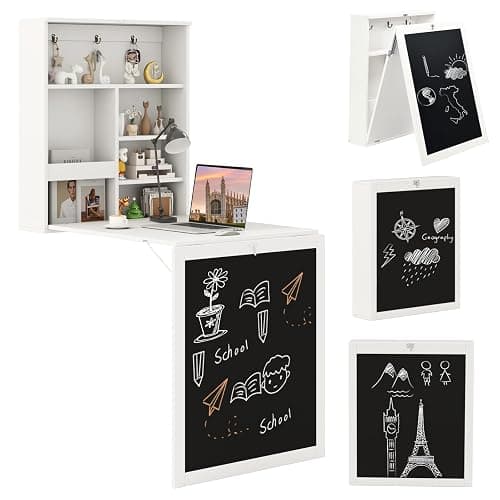 Tangkula Foldable Wall-Mounted Desk, Floating Desk with Chalkboard, Storage Shelves & Hooks, Space-Saving Murphy Table for Home Office, Bedroom, Dorm Room, Small Spaces - Image 1