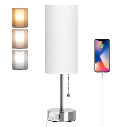 Dott Arts Table Lamp for Bedroom, 3-Color Bedside Lamps with Pull Chain | Bedroom Table Lamps for Nightstand,AC Outlet Small Lamp for Living Room, Bulb Included Nickel - Image 1