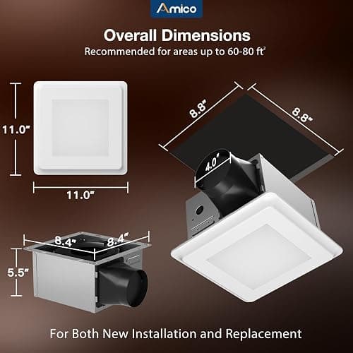 Amico Bathroom Exhaust Fan with Light, 80 CFM, 0.9 Sones, 1000LM, 5CCT, Easy Install, Ceiling Mount Shower Bathroom Fan, Adjustable Exhaust Vent with light, UL Certified thumbnail 2