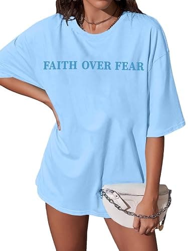 BANGELY Faith Over Fear Shirt Women Graphic Shirts Oversized Workout Gym Christian Religious Tees Drop Shoulder Tee Tops thumbnail 4