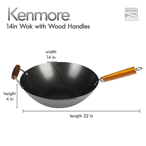 Kenmore Hammond 14-Inch Flat Bottom Carbon Steel Wok, Black, Durable Non-Stick Stir Fry Pan for Gas and Electric Stovetops thumbnail 3