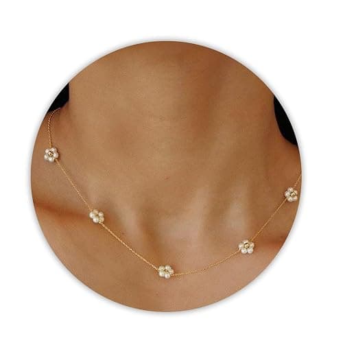 SmileBelle Pearl Necklaces for Women, Daisy Pearl Choker as Valentines Day Gifts for Teens, Silver Daisy Pearls Jewelry Trendy Stuff Birthday Gifts 3 Pearls White Necklace as Wedding Jewelry - Image 1