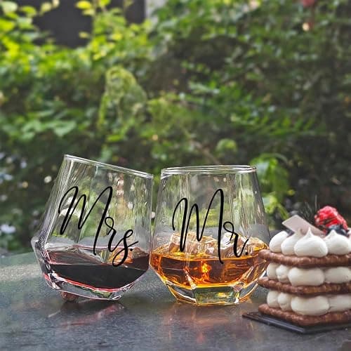 Vagafilla Mr Mrs Stemless Wine Glasses Gift Set 15oz, Couples Gifts for Bridal Shower Engagement Anniversary Wedding Shower Valentine's Day Birthday Christmas, 1 Pack Reusable Burlap Wine Bag-38 thumbnail 2